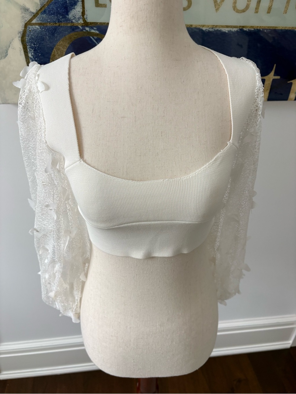 Free People White Lace Sleeve Cropped Top
